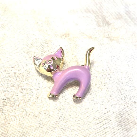 Lavender Silvertone Arched Kitty Cat Pin Brooch MCM Style Retro Whimsy Fairycore - Picture 5 of 7